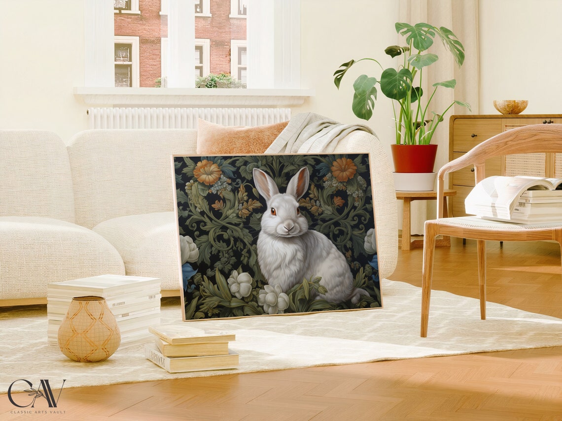 White Rabbit In Dark Botanical Garden With Orange Blooms Poster - Image 5