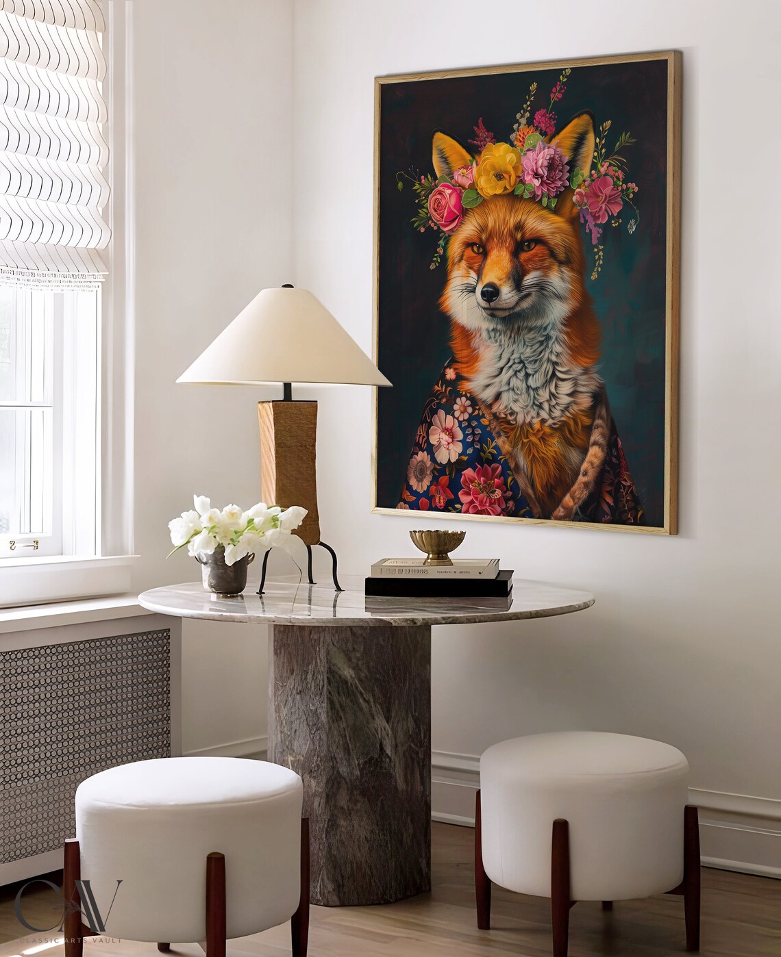 Red Fox Flower Crown Maximalist Floral Animal Portrait Wall Art - Image 4