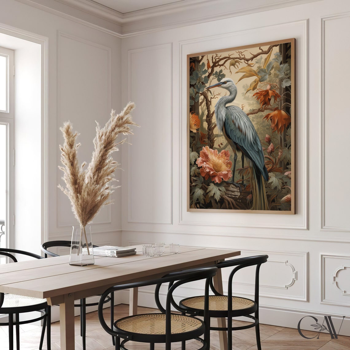 Grey Heron With Giant Pink Peony Botanical Illustration Poster - Image 3