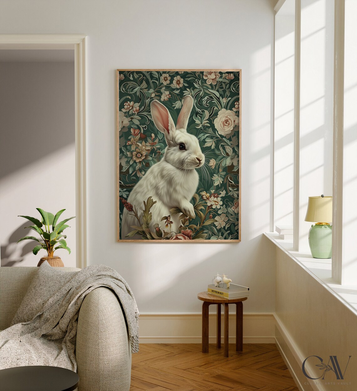 Sweet White Rabbit Portrait on Dark Green Floral Damask Poster - Image 2
