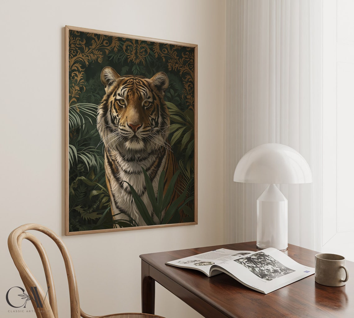 Dark Tiger Face Portrait With Gold Damask Jungle Foliage Poster