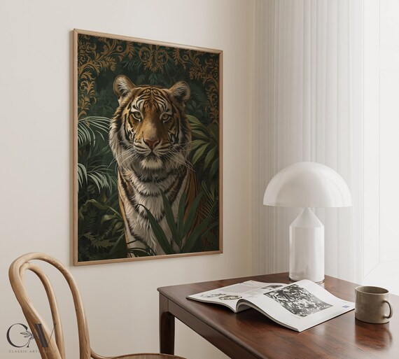 Dark Tiger Face Portrait With Gold Damask Jungle Foliage Poster