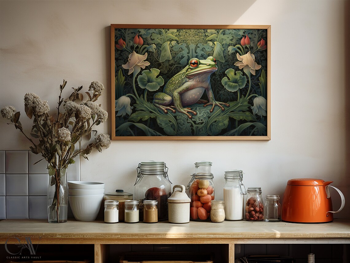 Green Frog In Blooming Garden William Morris Style Animal Poster - Image 4