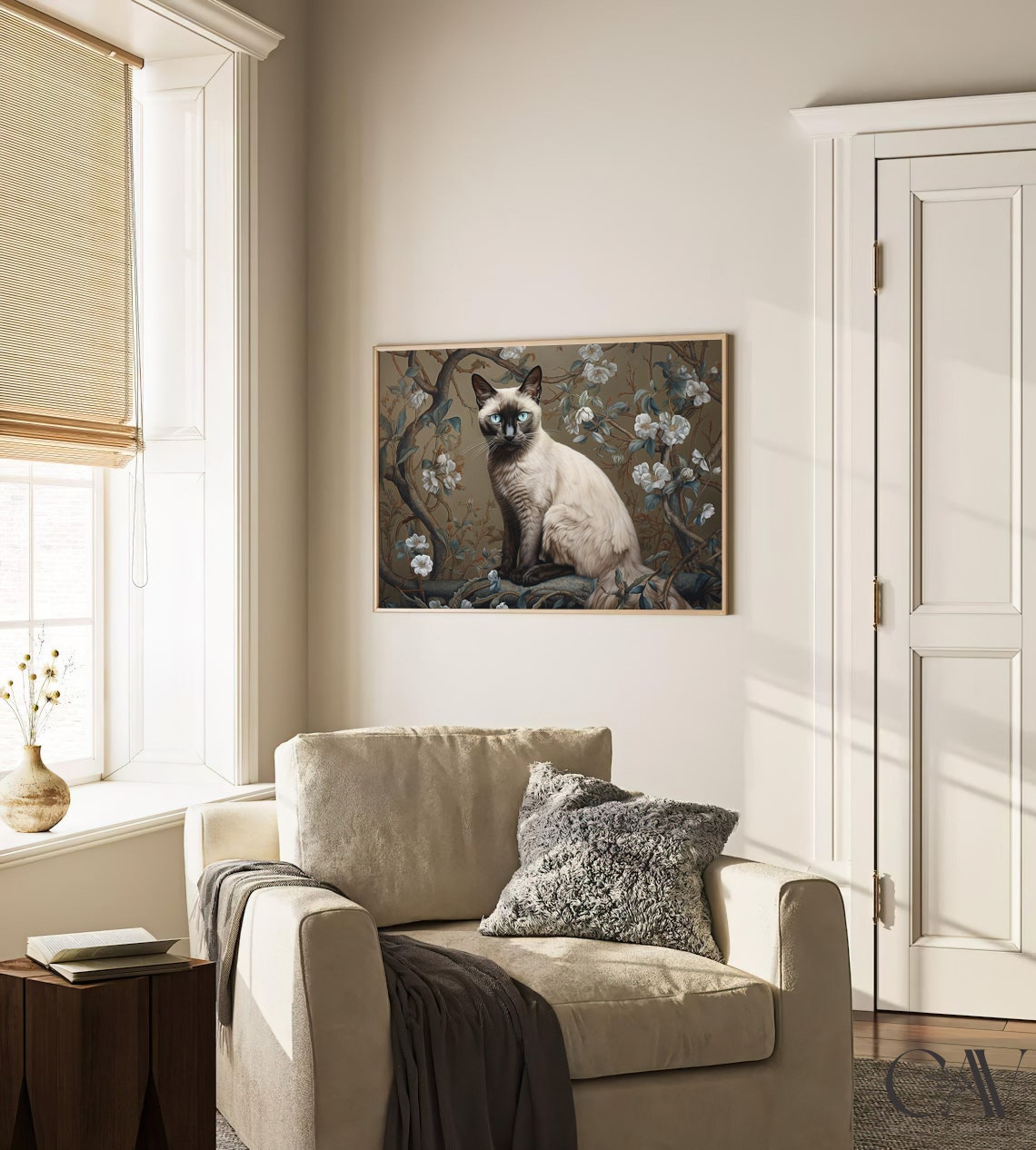 Siamese Cat With Blue Eyes Among White Blossom Branches Poster - Image 3