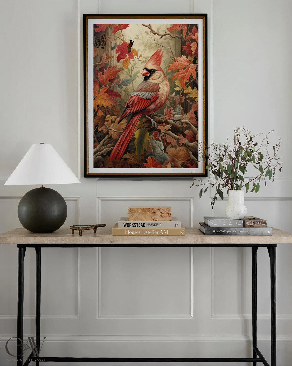 Red Cardinal Bird Among Autumn Maple Leaves and Butterflies Poster - Image 4