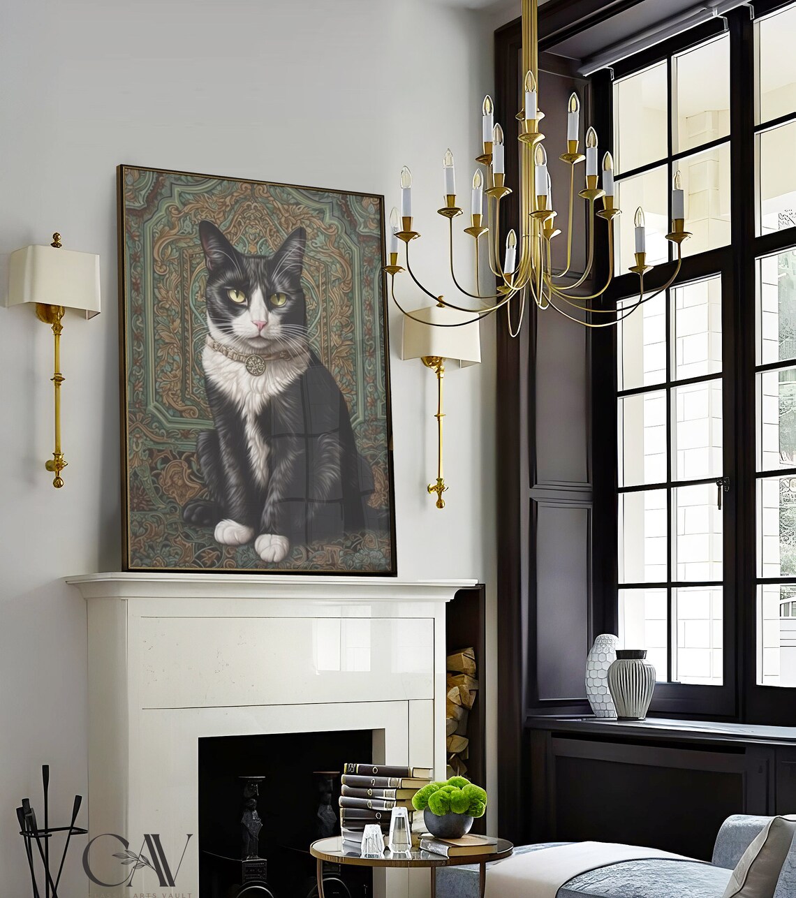 Tuxedo Cat William Morris Portrait Jeweled Collar Cat Lover Wall Art - Image 2