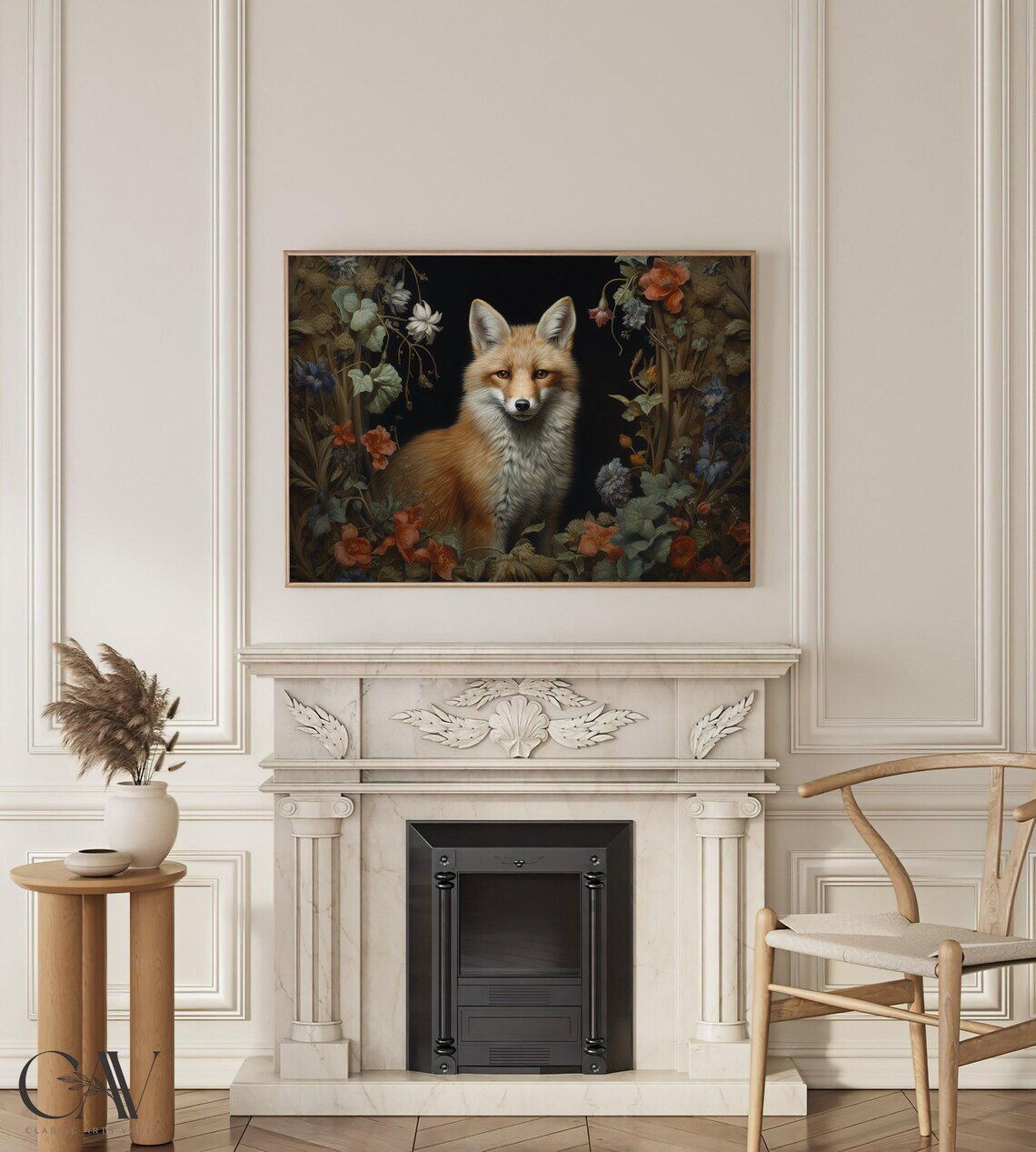 Red Fox Portrait Framed by Dark Floral Blooms on Black Poster - Image 3