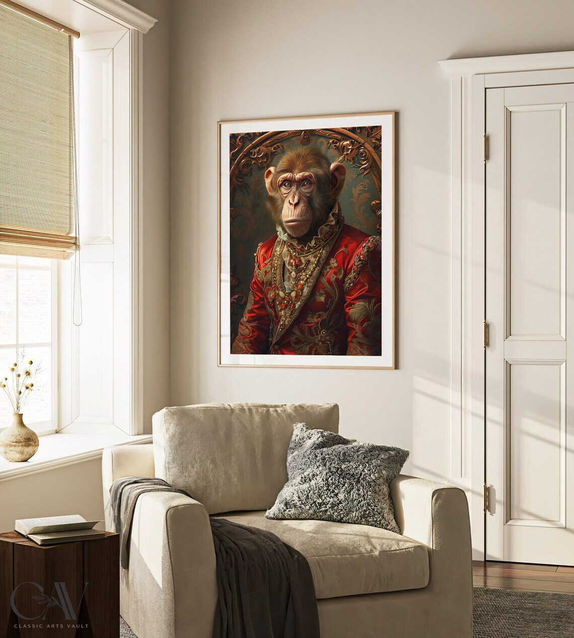 Monkey in Red Silk Brocade Coat with Ruff Collar Aristocrat Portrait Poster - Image 3