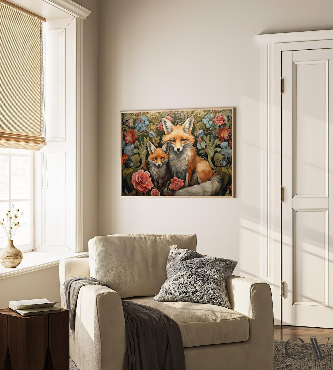 Red Fox Pair Among Blooming Flowers Morris Style Animal Poster - Image 2