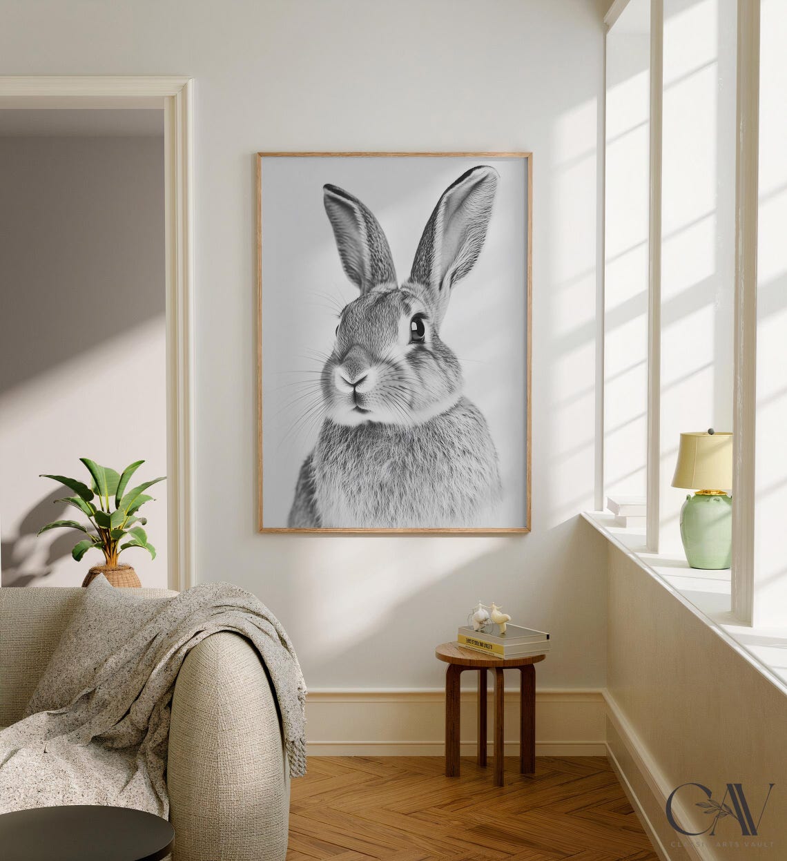 Black and White Rabbit Portrait Front View Bunny Photography Poster - Image 2