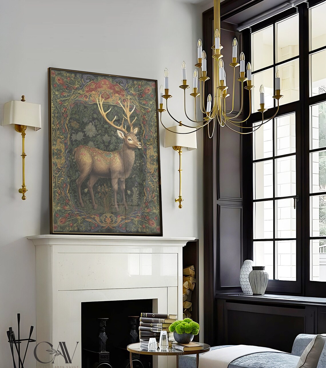 Stag With Paisley Marked Body on Dark Botanical Tapestry Poster - Image 3