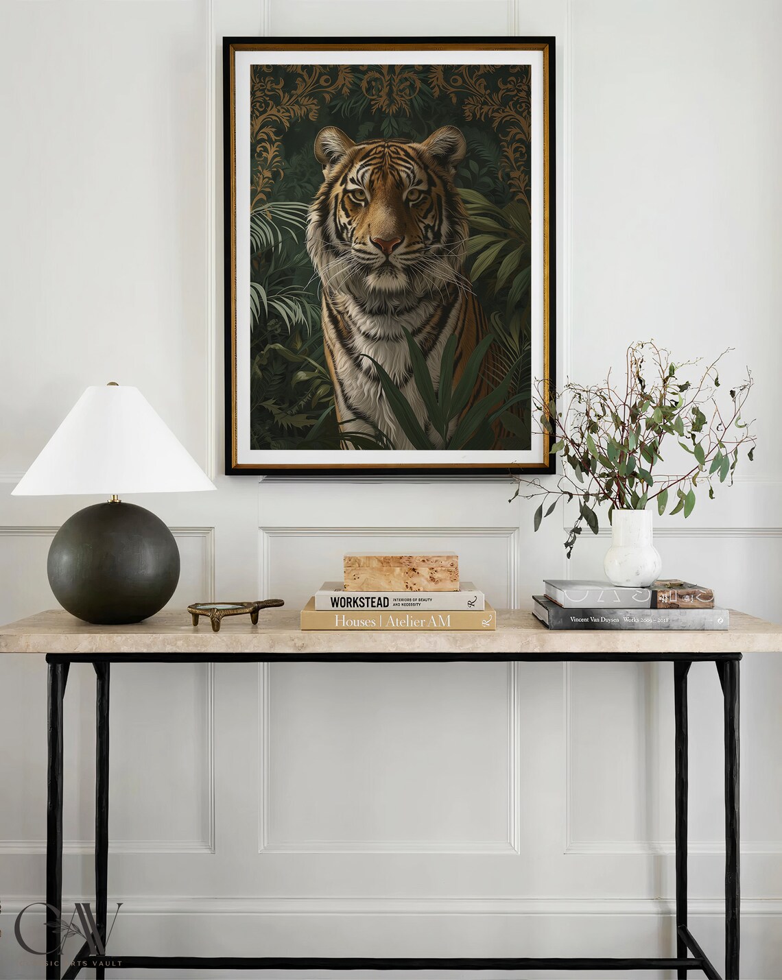 Dark Tiger Face Portrait With Gold Damask Jungle Foliage Poster - Image 4