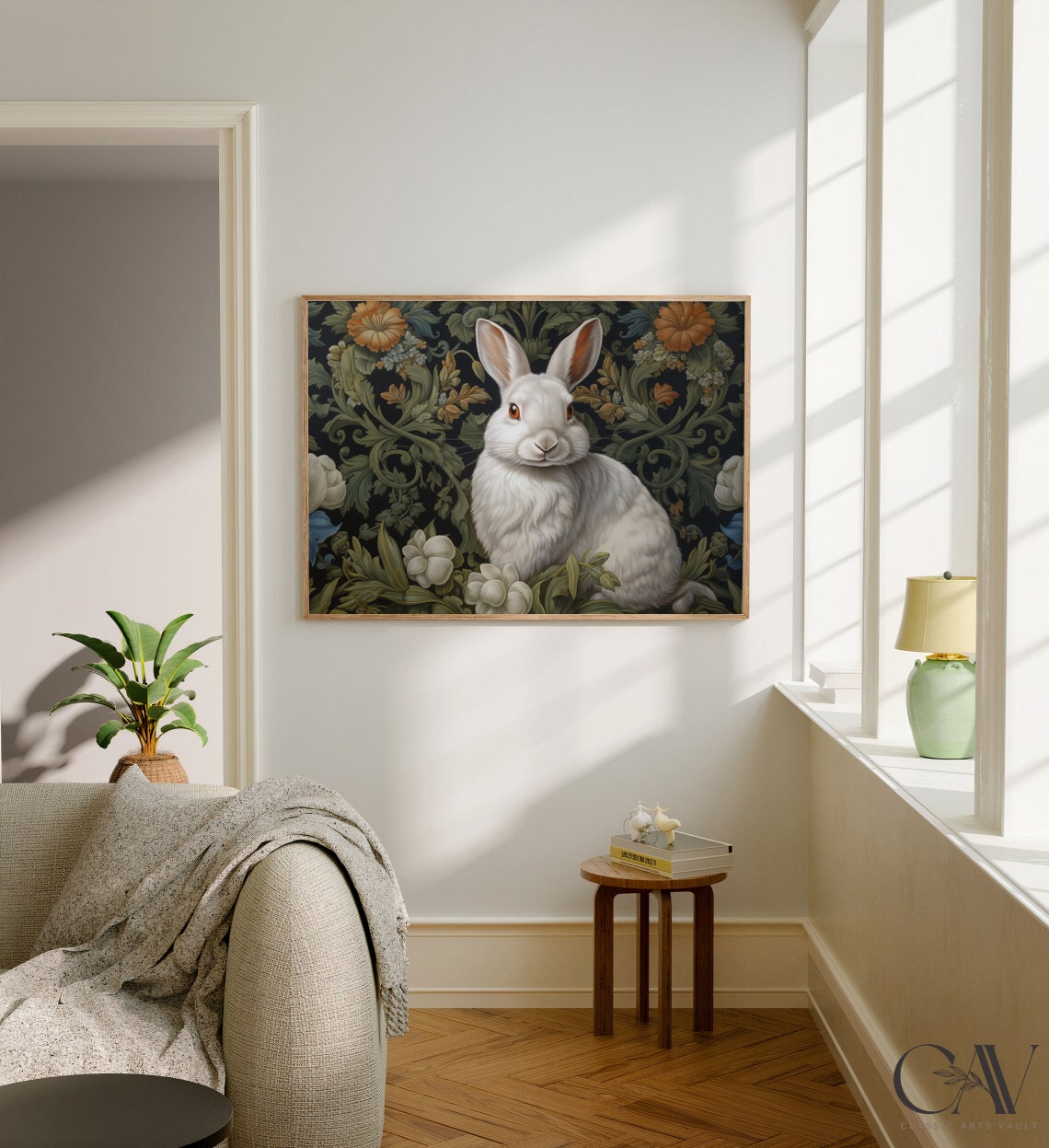 White Rabbit In Dark Botanical Garden With Orange Blooms Poster - Image 2