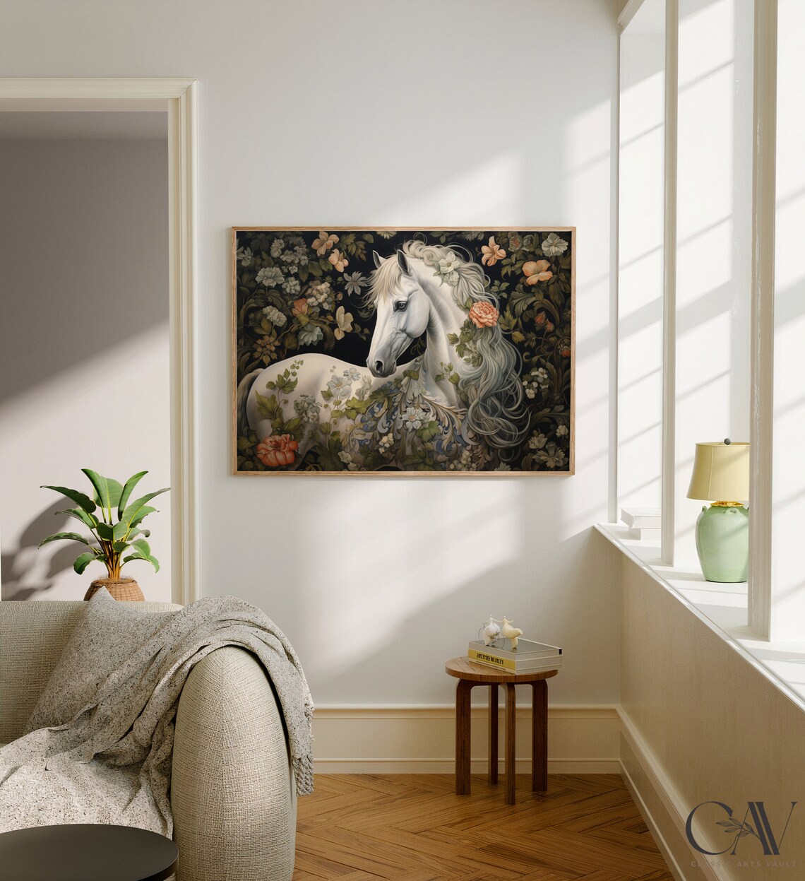 White Horse Floral Garland Dark Botanical Vintage Art Poster - Image 2