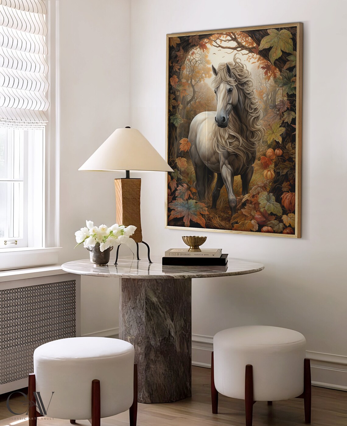 White Horse With Flowing Mane in Golden Autumn Forest Poster - Image 4