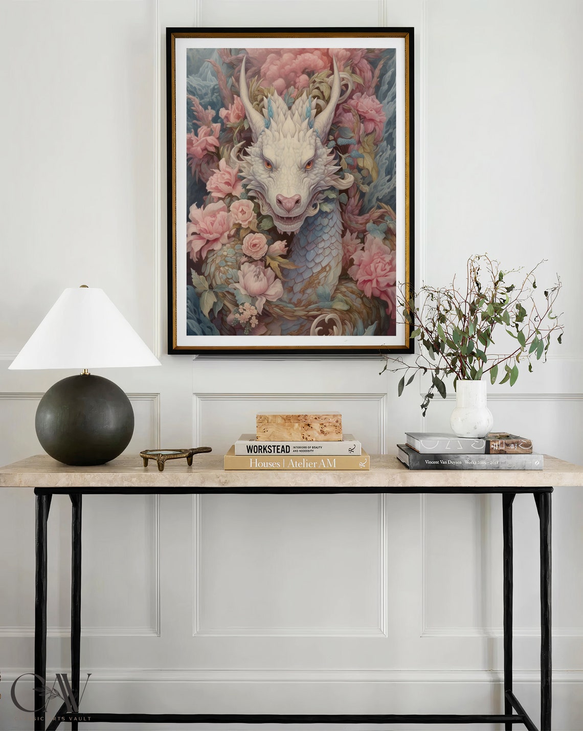 White Dragon Among Pink Peonies Coquette Rococo Fantasy Poster - Image 4