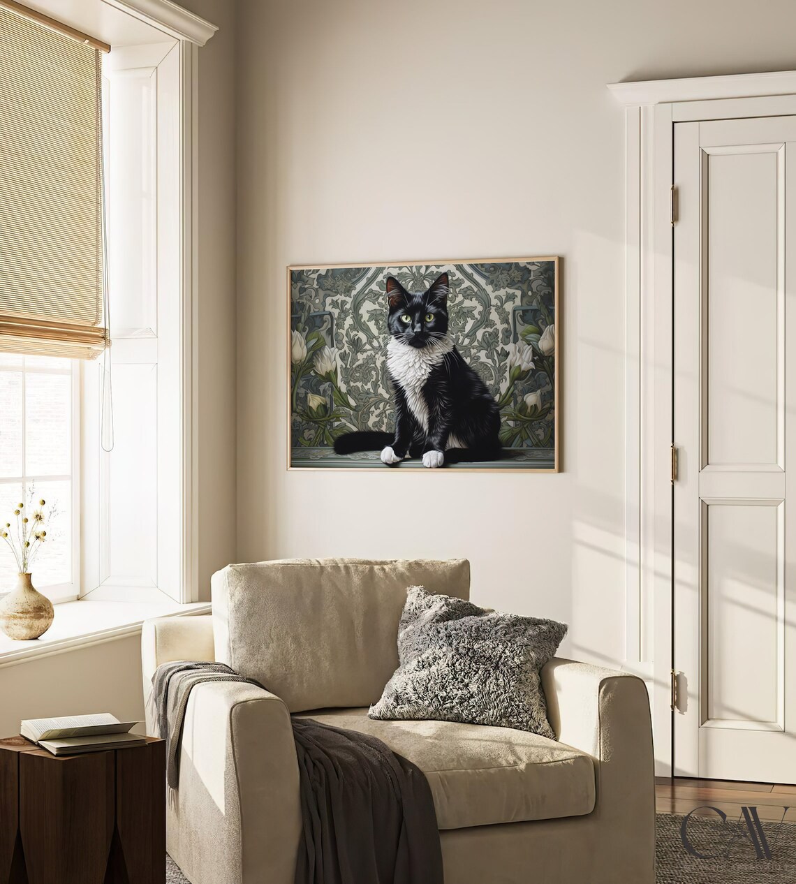 Tuxedo Cat Art Nouveau Floral Portrait Elegant Animal Poster - Image 3