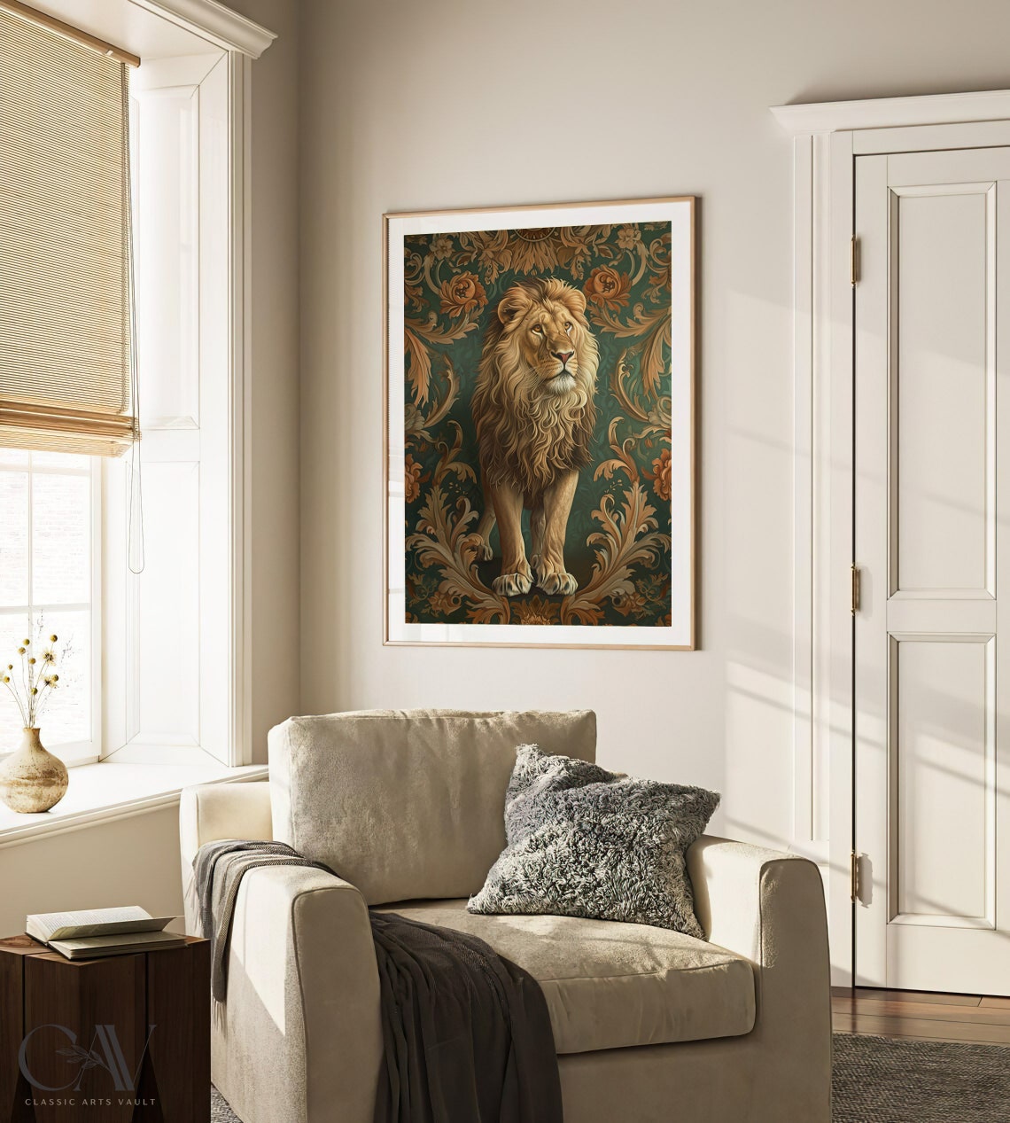 Standing Lion with Flowing Mane on Dark Baroque Damask Poster - Image 2