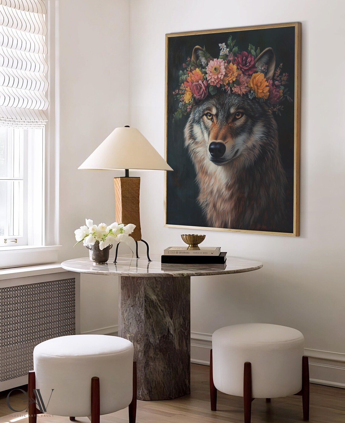 Wolf Wearing Flower Crown on Dark Background Moody Wildlife Portrait Poster - Image 4