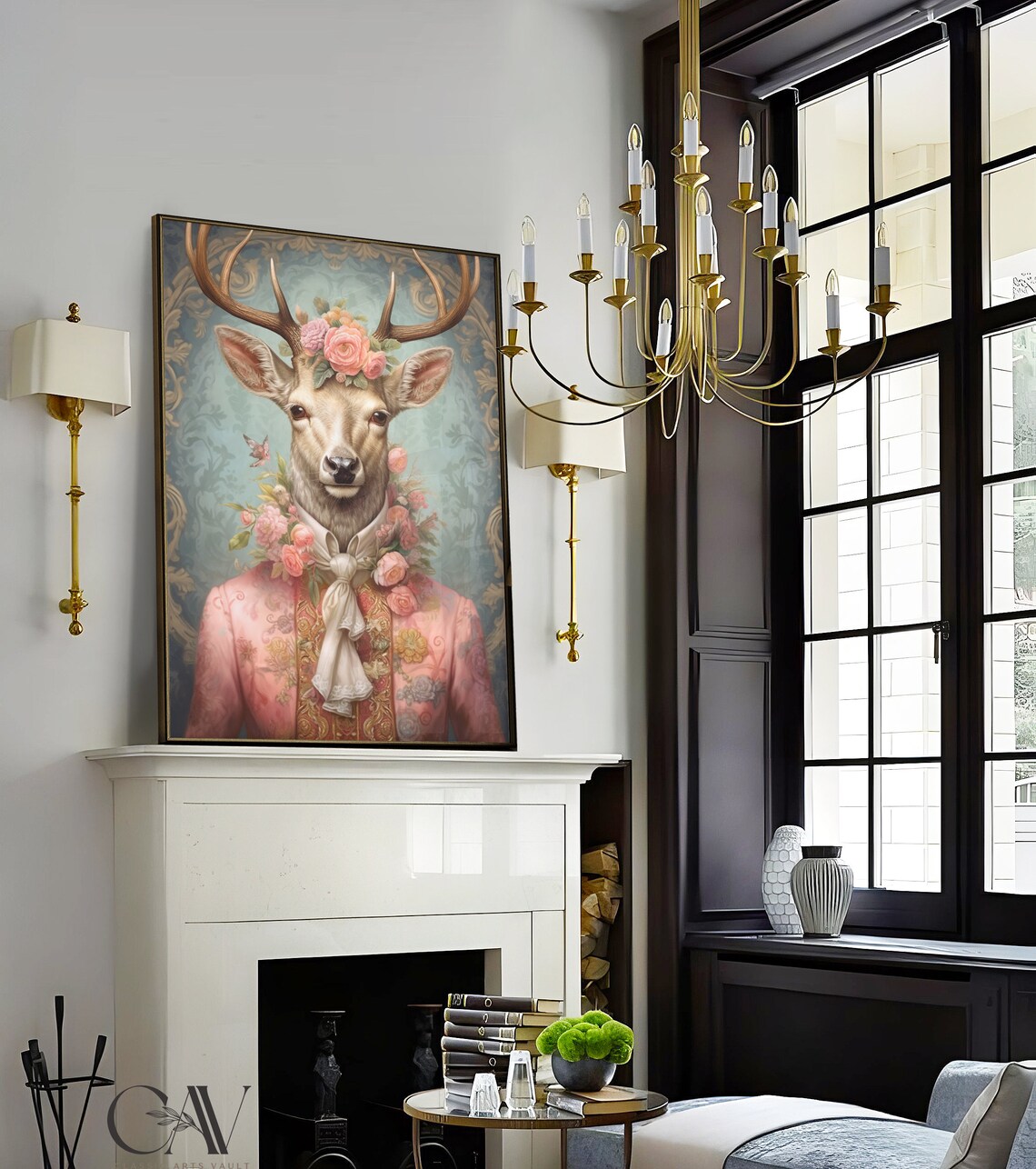 Deer with Flower Crown in Pink Rococo Brocade Coat Royal Portrait Poster - Image 4