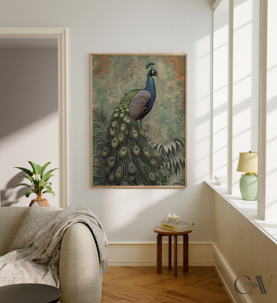 Peacock Full Tail Feathers Vintage Gold Damask Botanical Poster - Image 2