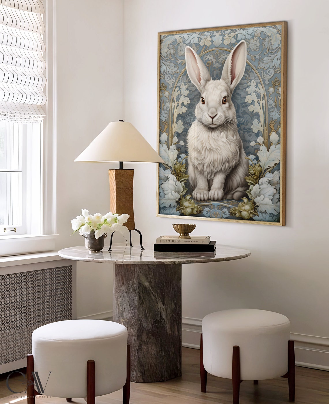 White Rabbit in a Blue Floral Garden Morris Inspired Wall Art - Image 2