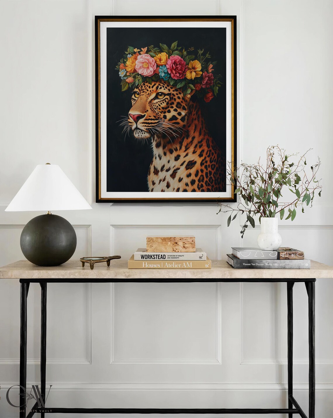 Leopard Portrait With Colorful Flower Crown on Dark Art Poster - Image 4
