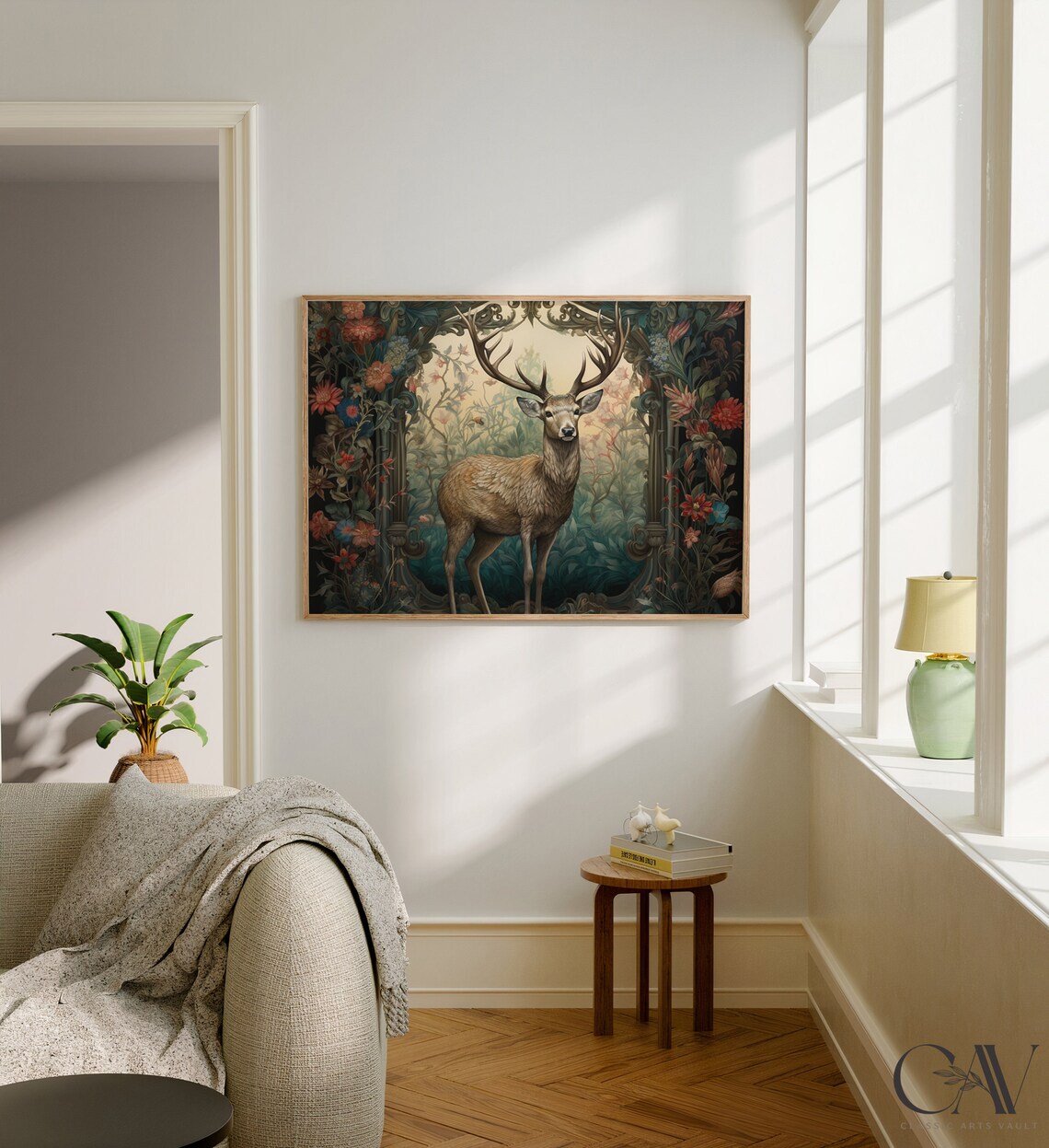 Majestic Stag Deer With Antlers In Dark Floral Woodland Poster - Image 2