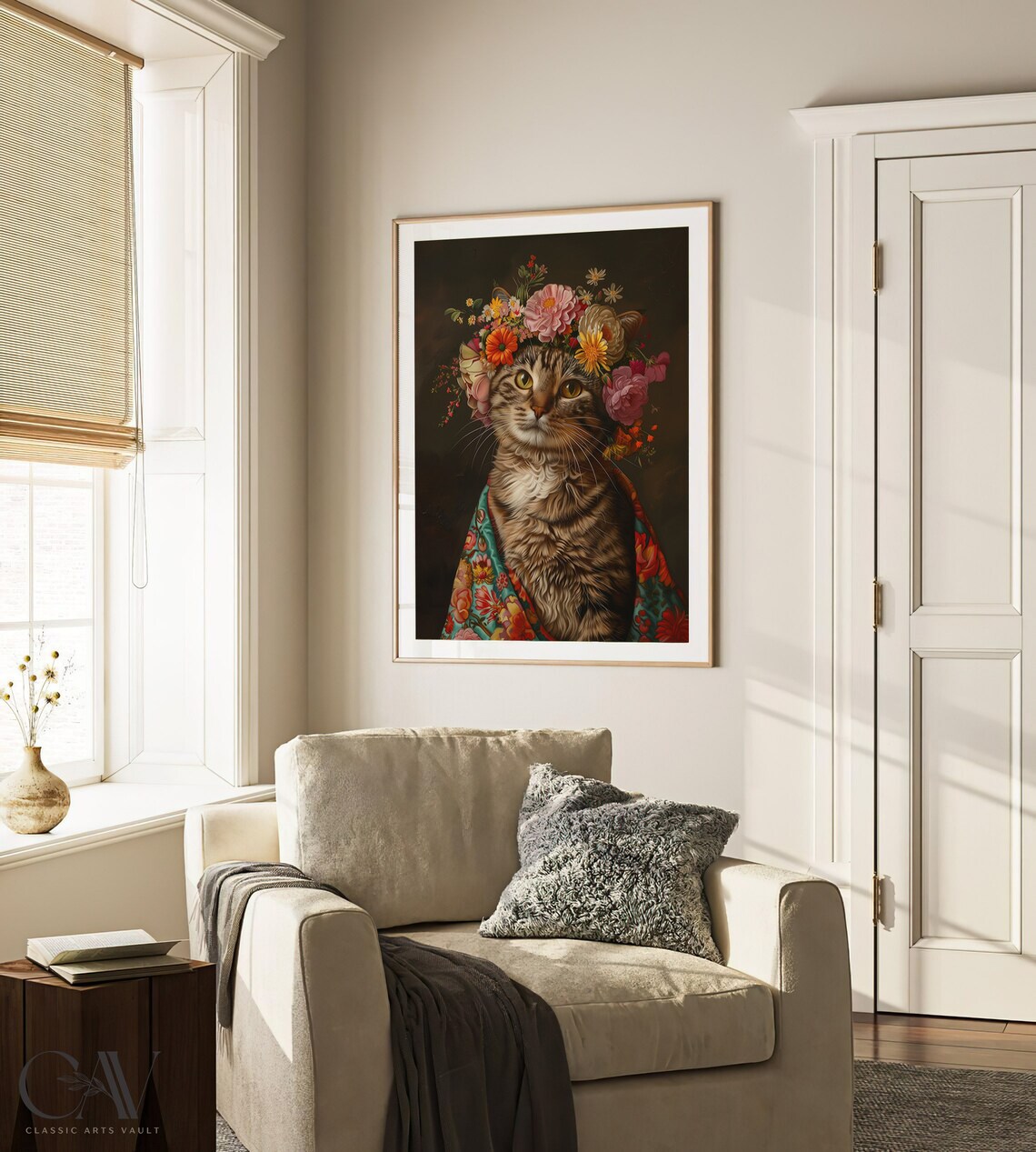 Tabby Cat with Flower Crown and Colorful Floral Robe Art Print - Image 3