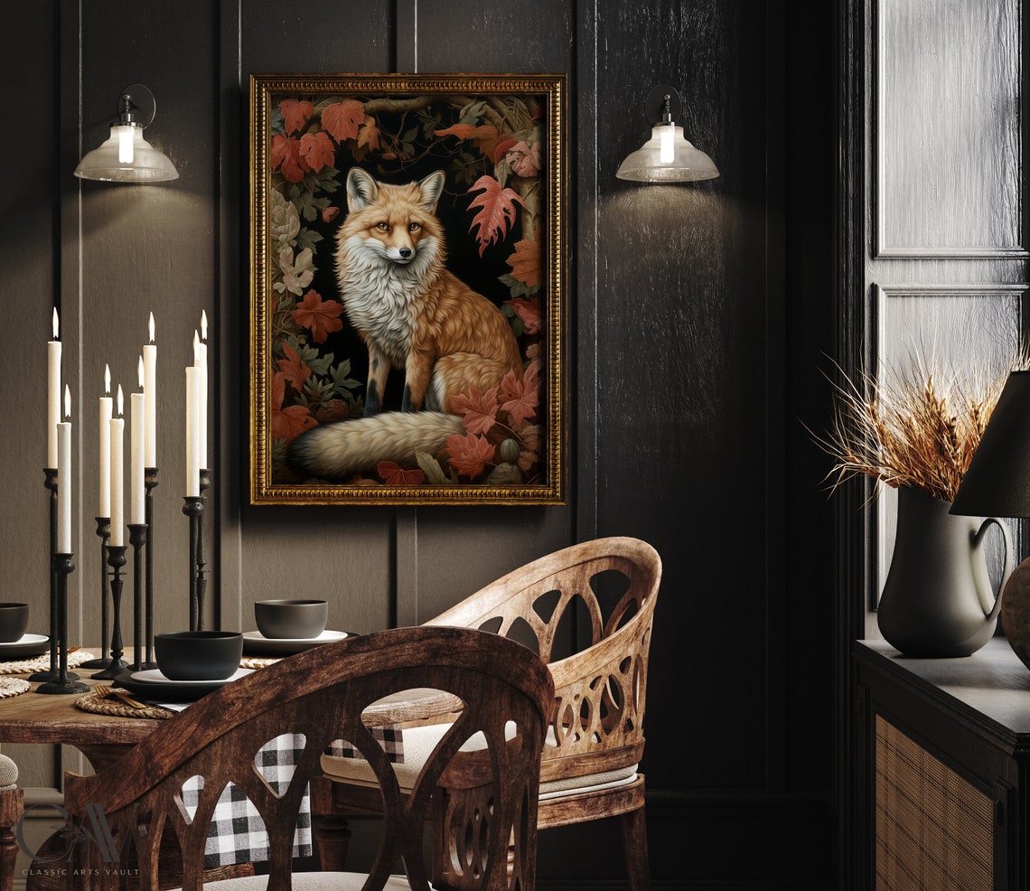 Red Fox Autumn Leaves Dark Botanical Vintage Fall Art Poster - Image 2