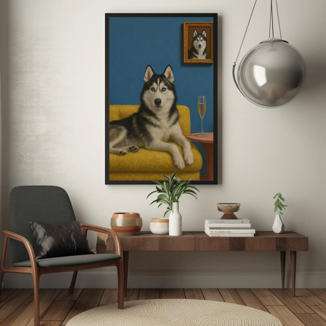 Siberian Husky Lounging On Yellow Sofa Champagne Dog Art Poster