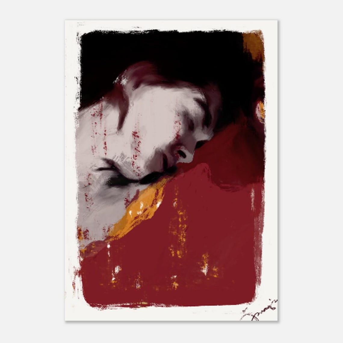 Sleeping Lady Close Up Moody Dark Red Semi Abstract Art Poster