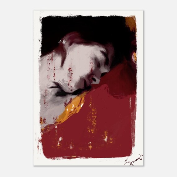 Sleeping Lady Close Up Moody Dark Red Semi Abstract Art Poster