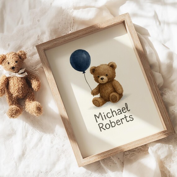 Michael Roberts Teddy Bear Nursery Name Poster Watercolor Balloon Art