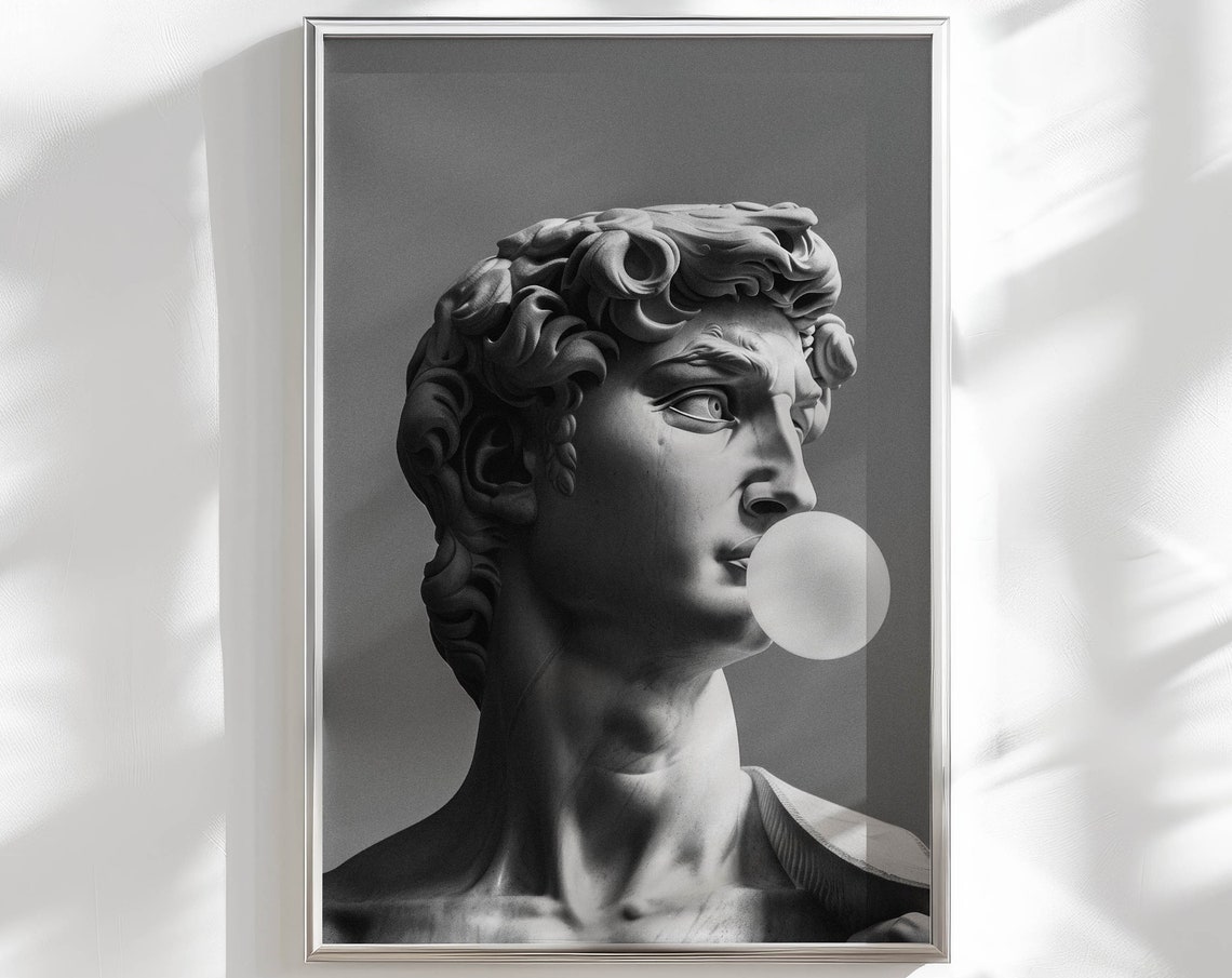 Michelangelo David Blowing Bubblegum Black And White Statue Poster