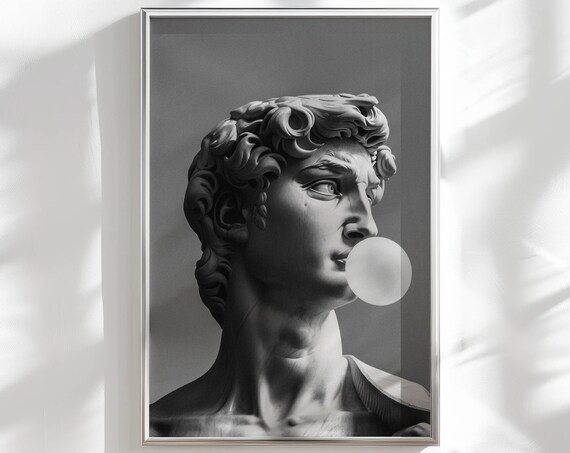 Michelangelo David Blowing Bubblegum Black And White Statue Poster