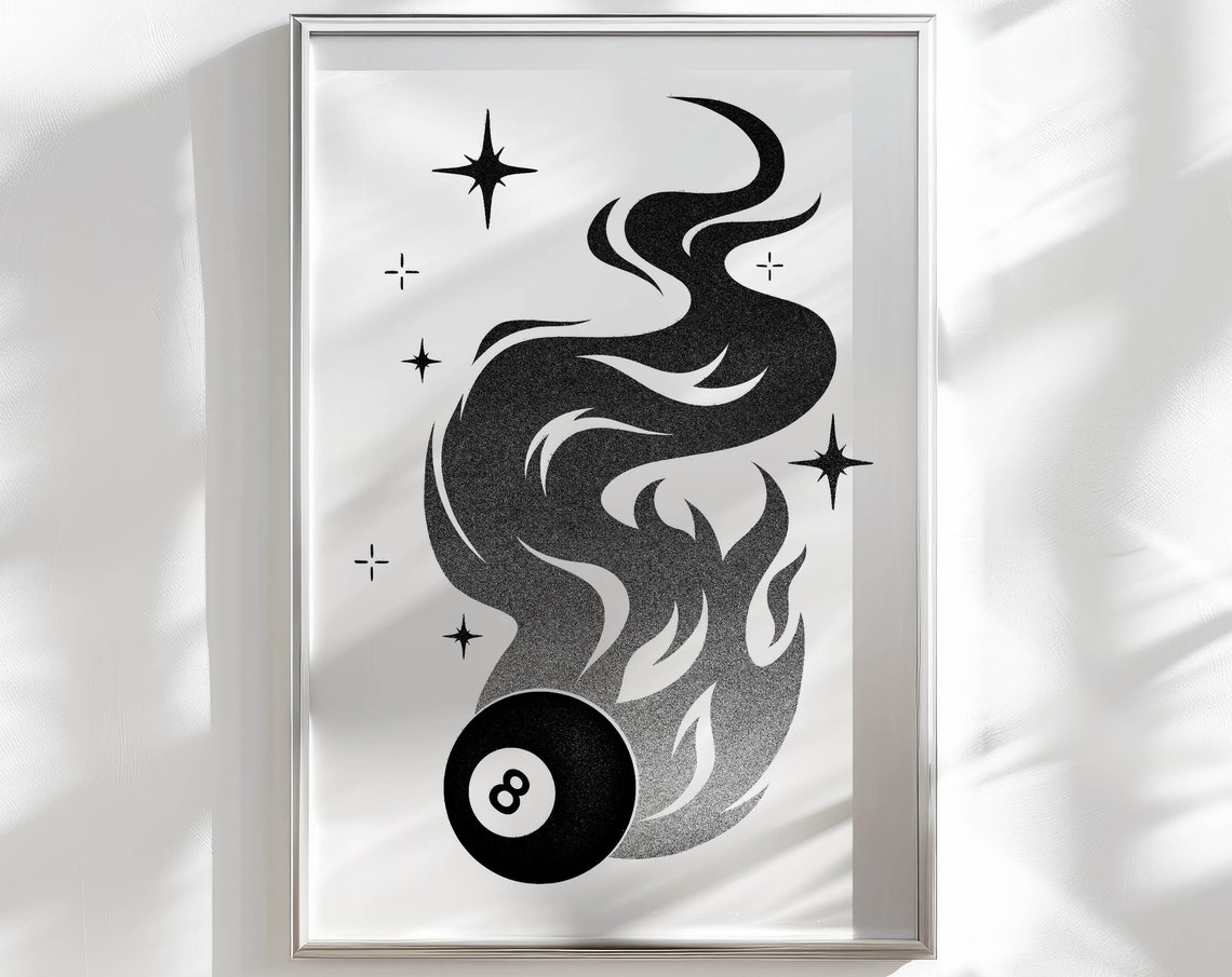 Flaming Magic 8 Ball Black and White Retro Game Room Wall Poster