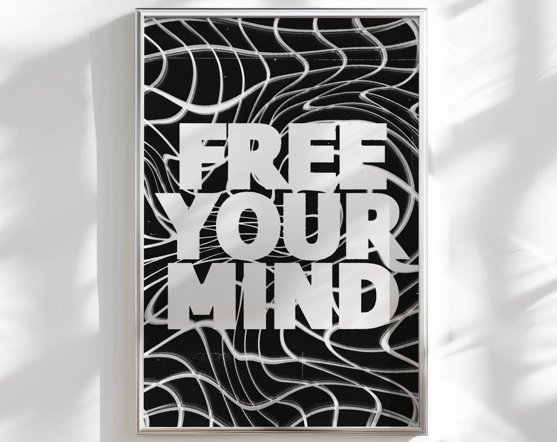 Free Your Mind Bold Black White Retro Swirl Typography Poster