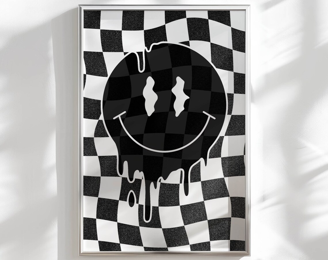 Melting Smiley Face Black and White Art Print