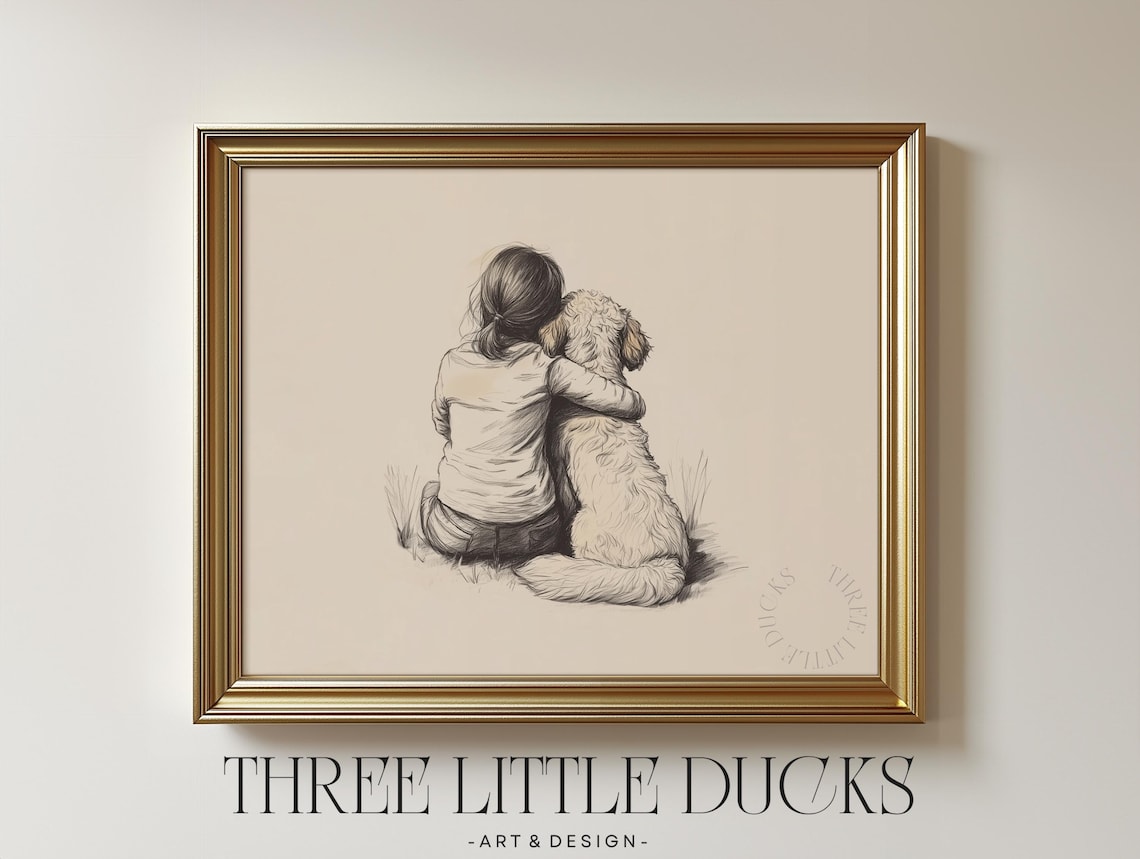 Girl Hugging Fluffy Goldendoodle Dog Vintage Nursery Sketch Wall Art