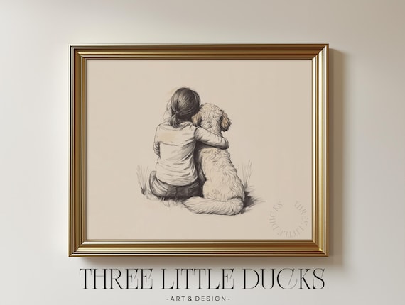 Girl Hugging Fluffy Goldendoodle Dog Vintage Nursery Sketch Wall Art
