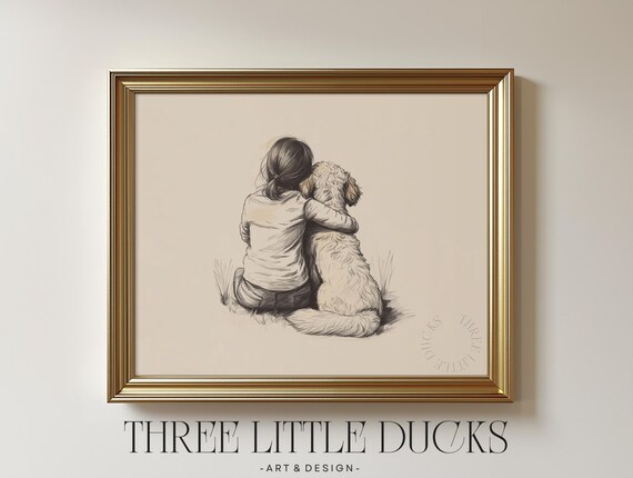 Girl With Goldendoodle Art Print Childs Room Puppy Baby Nursery Retro Poster Dog Sketch Girls Vintage Drawing 454