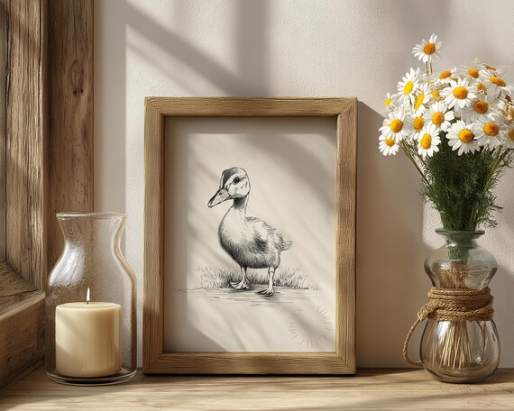 Minimalist Duckling Profile Sketch Rustic Pencil Drawing Country Poster