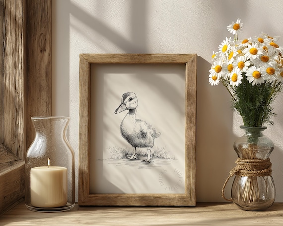 Vintage Duckling Sketch Art Minimalist Wall Decor Rustic Animal Print Pond Nature Illustration Farmhouse Nursery 373