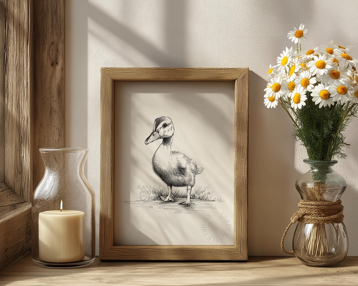 Minimalist Duckling Profile Sketch Rustic Pencil Drawing Country Poster