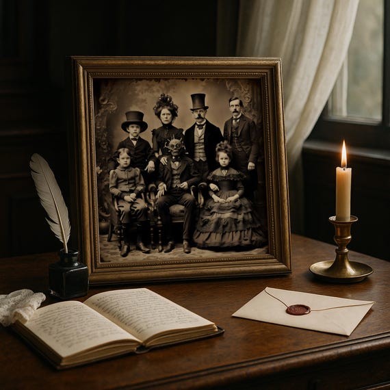 Victorian Family Portrait Monstrous Patriarch Creepy Gothic Wall Art Vintage Halloween 516