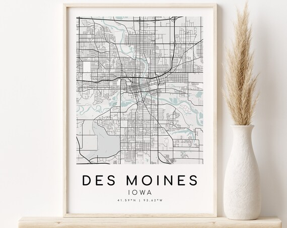 Des Moines Iowa City Street Map Poster With Coordinates Text Decor