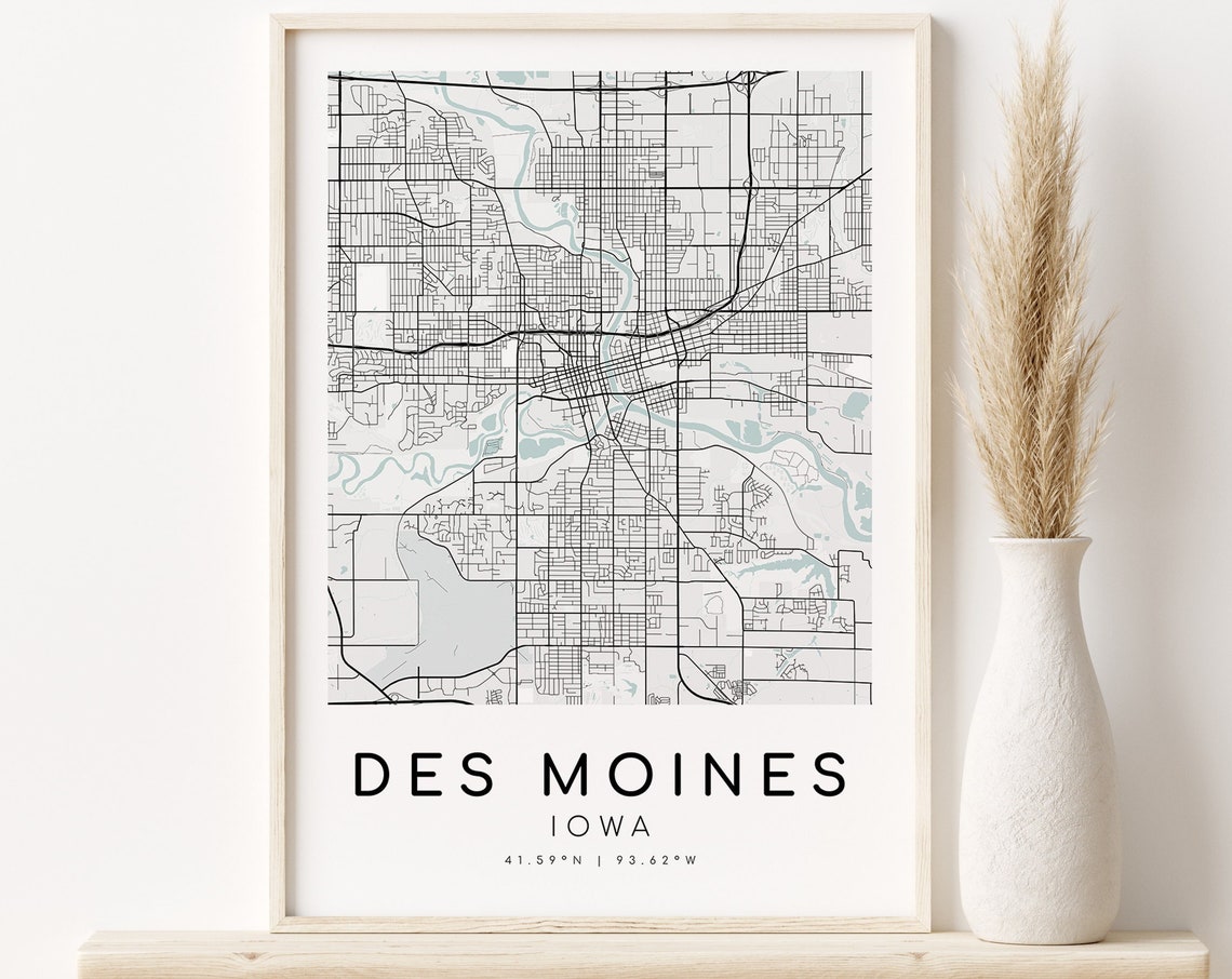 Des Moines Iowa City Street Map Poster With Coordinates Text Decor