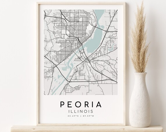 Peoria Illinois City Street Map Poster With Coordinates Text Decor