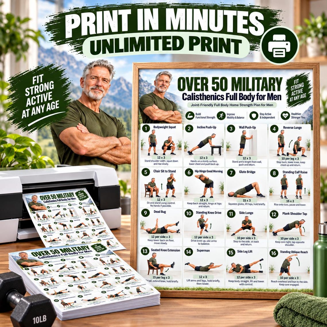Military Calisthenics Workout Poster for Men Over 50, Home Gym - Image 2